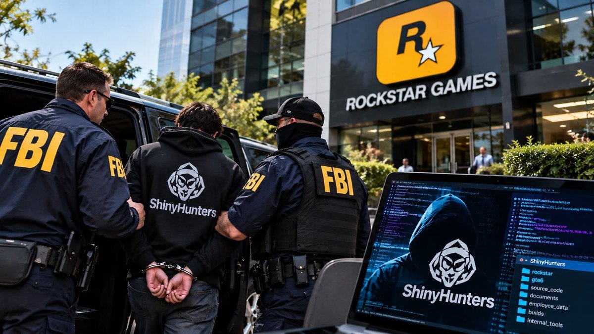 FBI agents arrest a hooded hacker suspect outside Rockstar Games headquarters