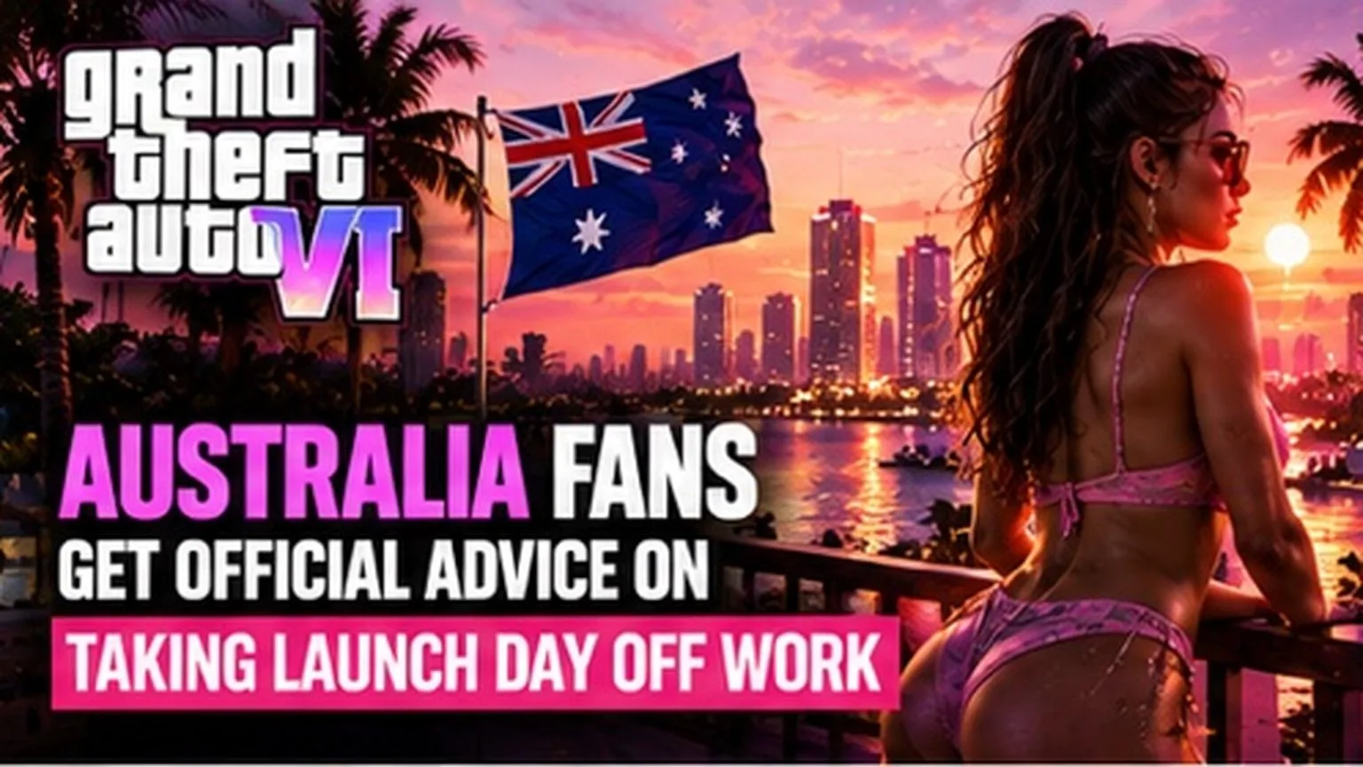 Official GTA 6 artwork of the Vice City sign at sunset