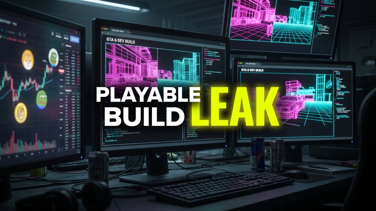 Concept art of a hacker workstation with GTA 6 dev build screens and PLAYABLE BUILD LEAK headline