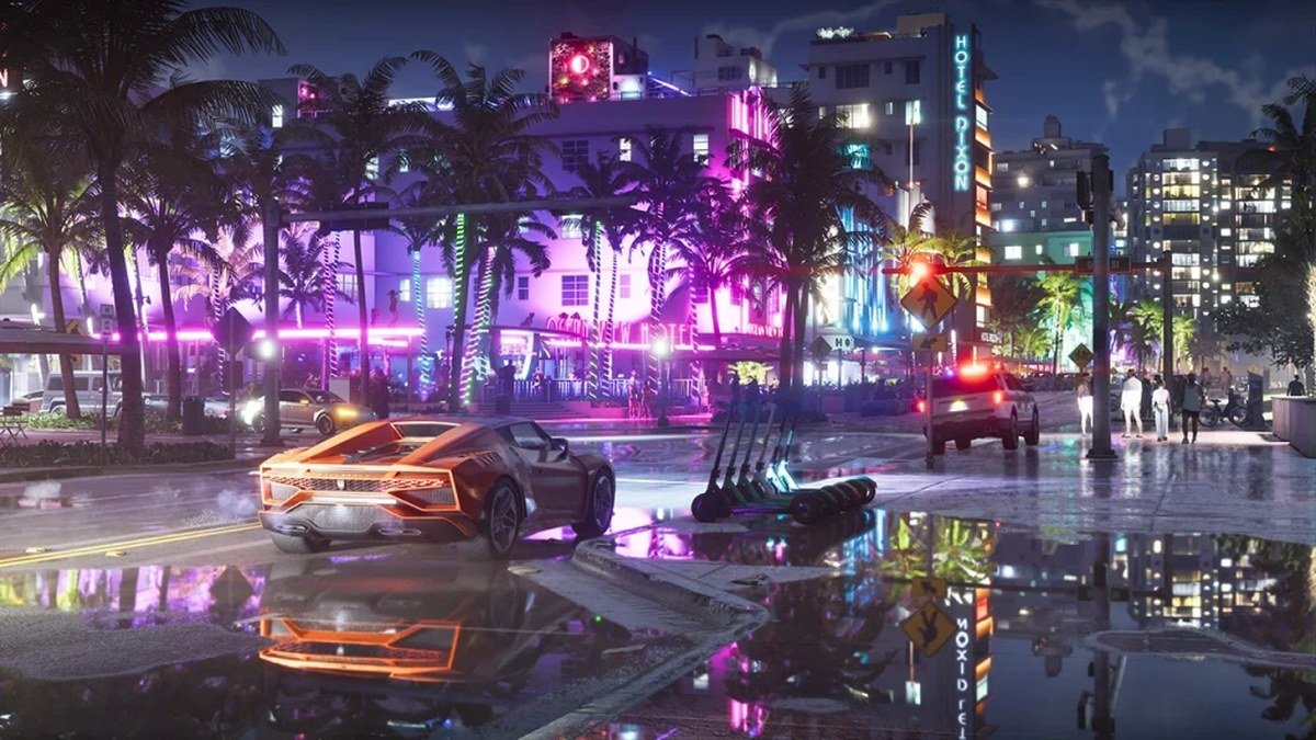 Official GTA VI artwork showing a neon-lit Vice City street at night