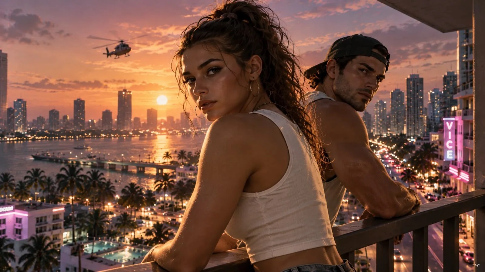 New official GTA 6 screenshot showing neon-lit Vice City streets at night