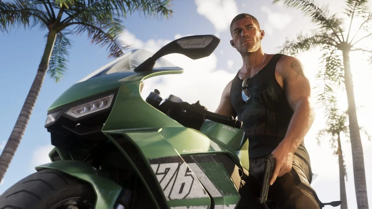 Official GTA VI screenshot showing Jason on a motorcycle