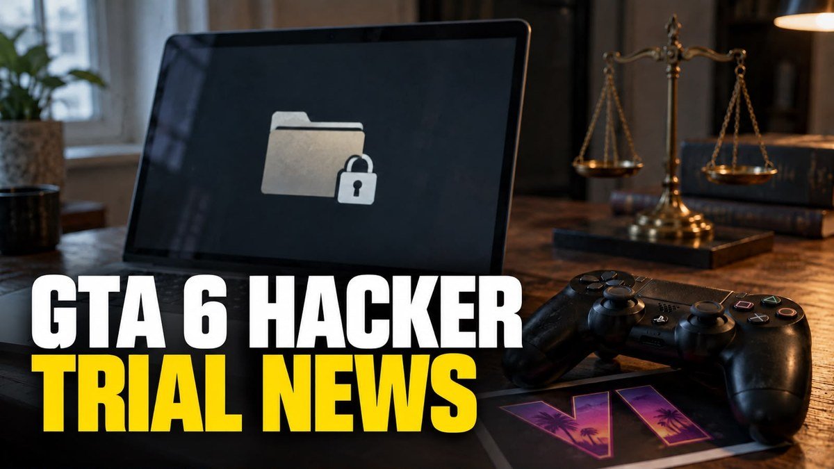 GTA 6 hacker trial news graphic — laptop with locked folder, scales of justice and game controller