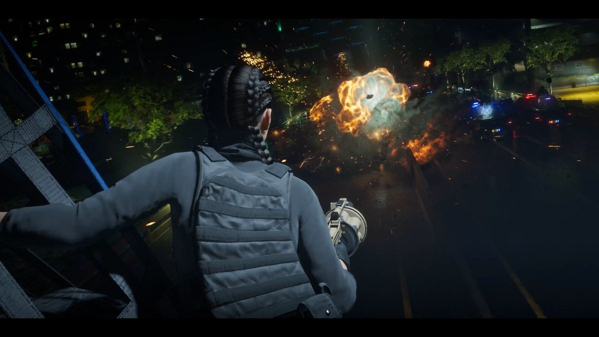 Lucia in tactical gear firing a rotary grenade launcher in GTA 6