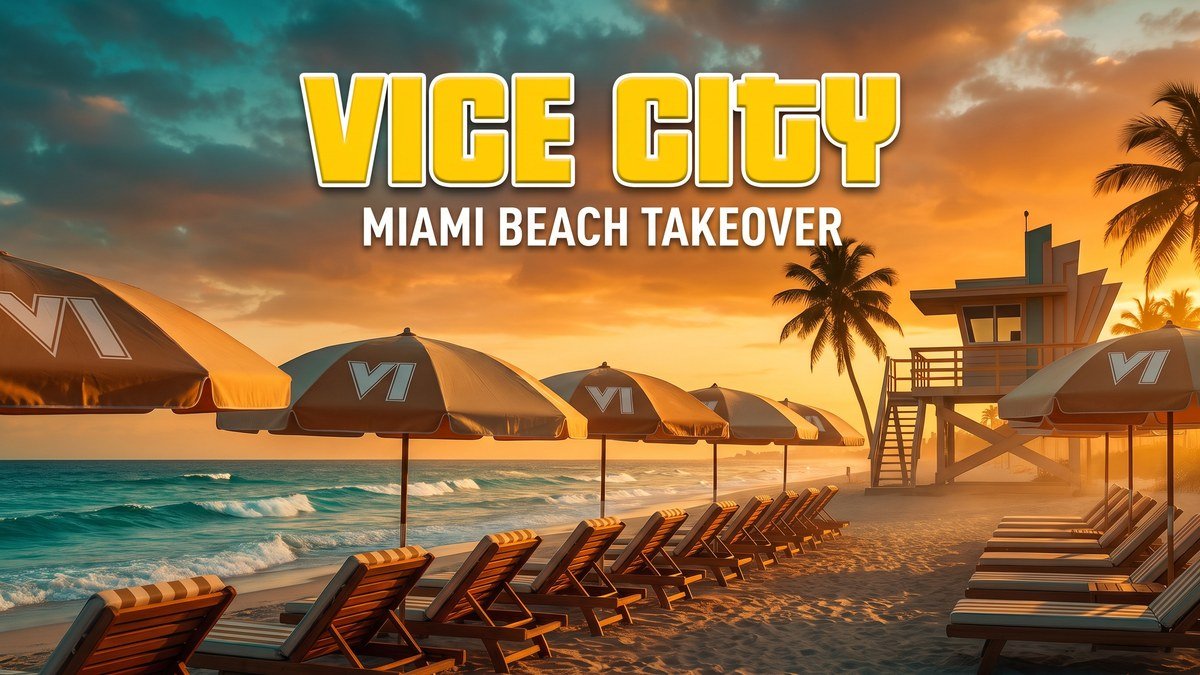 Concept art of Miami Beach with VI branded umbrellas and VICE CITY MIAMI BEACH TAKEOVER headline at sunset