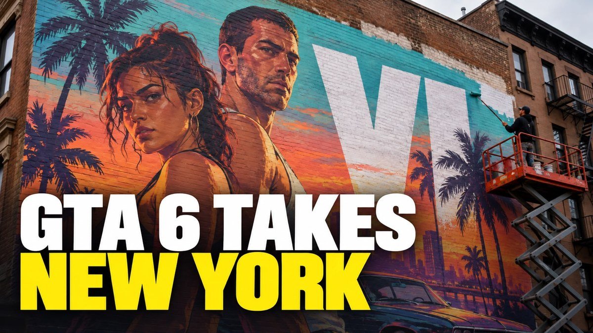 GTA VI mural of Lucia and Jason being painted on a New York building