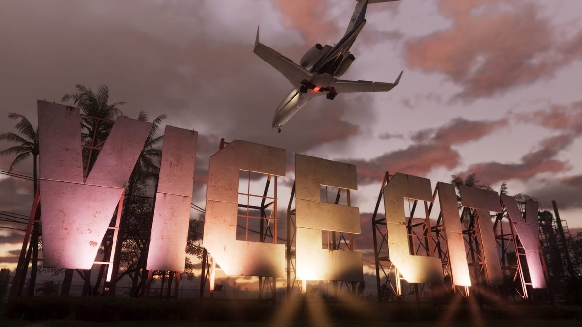 Official GTA VI screenshot of the Vice City sign glowing at night