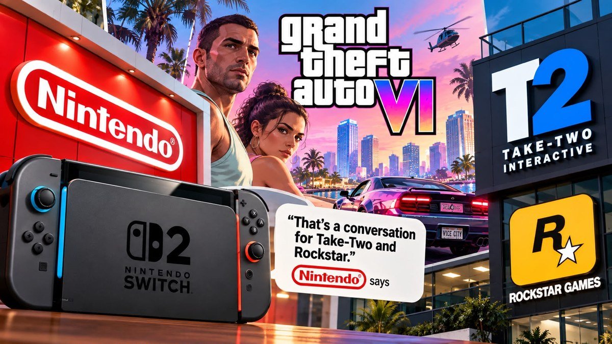 Nintendo Switch 2 console beside GTA VI key art with Nintendo and Take-Two branding