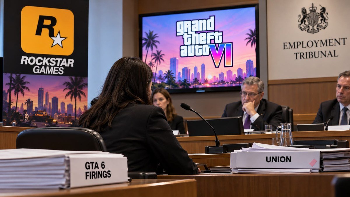 Employment tribunal hearing room with GTA 6 firings case files