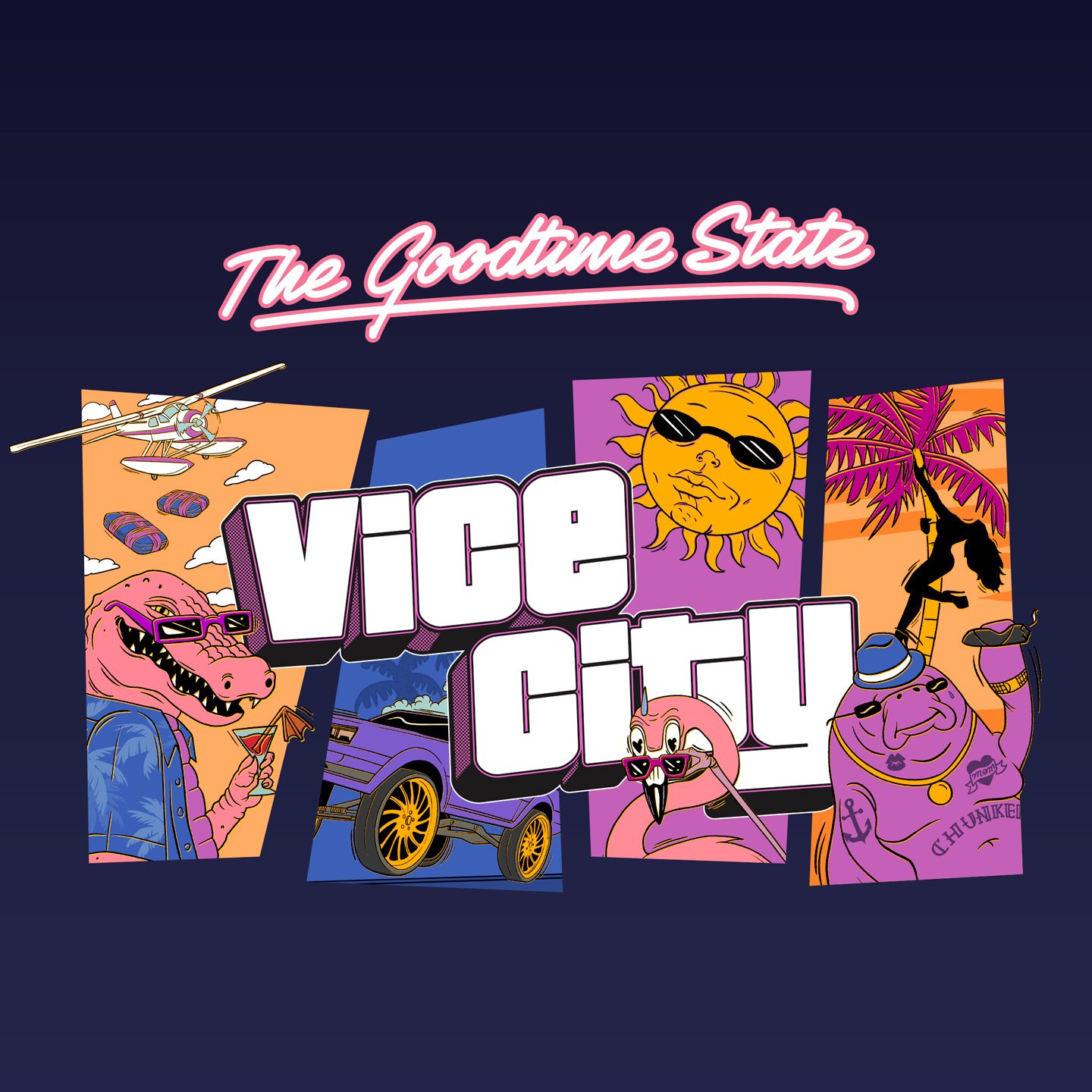 Official GTA VI artwork showing Vice City merchandise and in-game brands