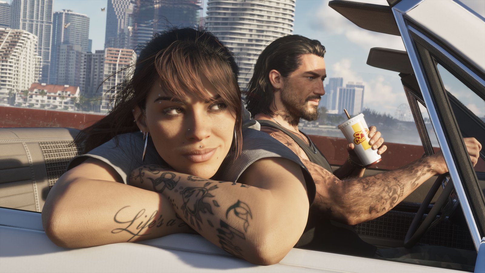 Jason and Lucia beside a car, official GTA 6 screenshot
