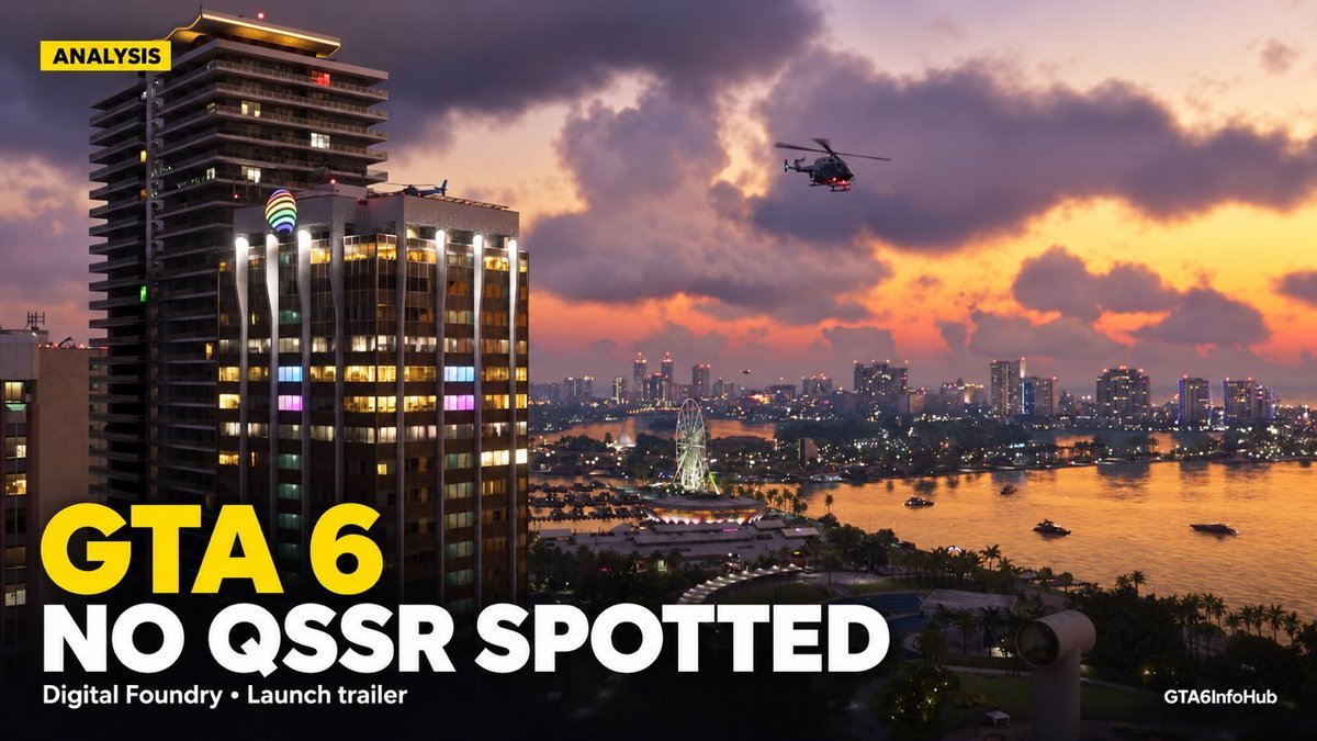 GTA 6 analysis: no QSSR spotted — Vice City skyline at dusk, Digital Foundry launch trailer analysis