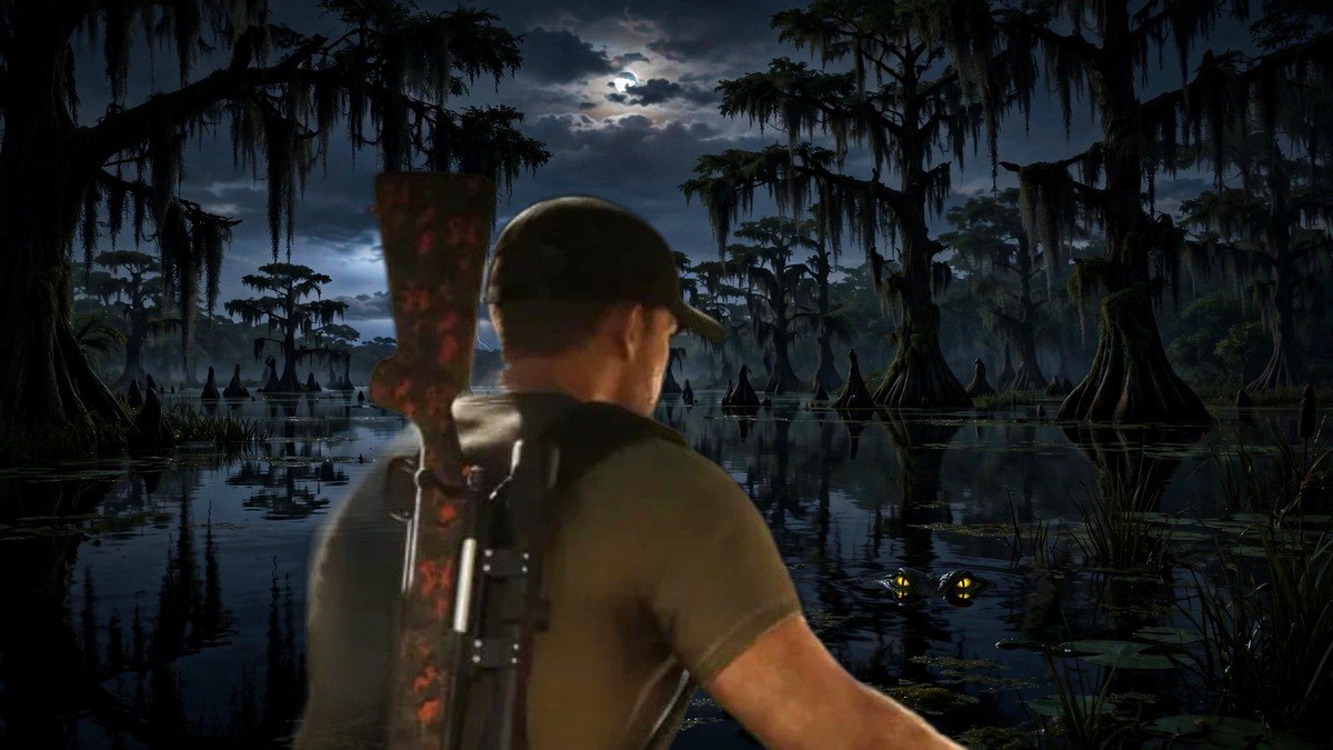 A hunter with a rifle in a Florida swamp at night