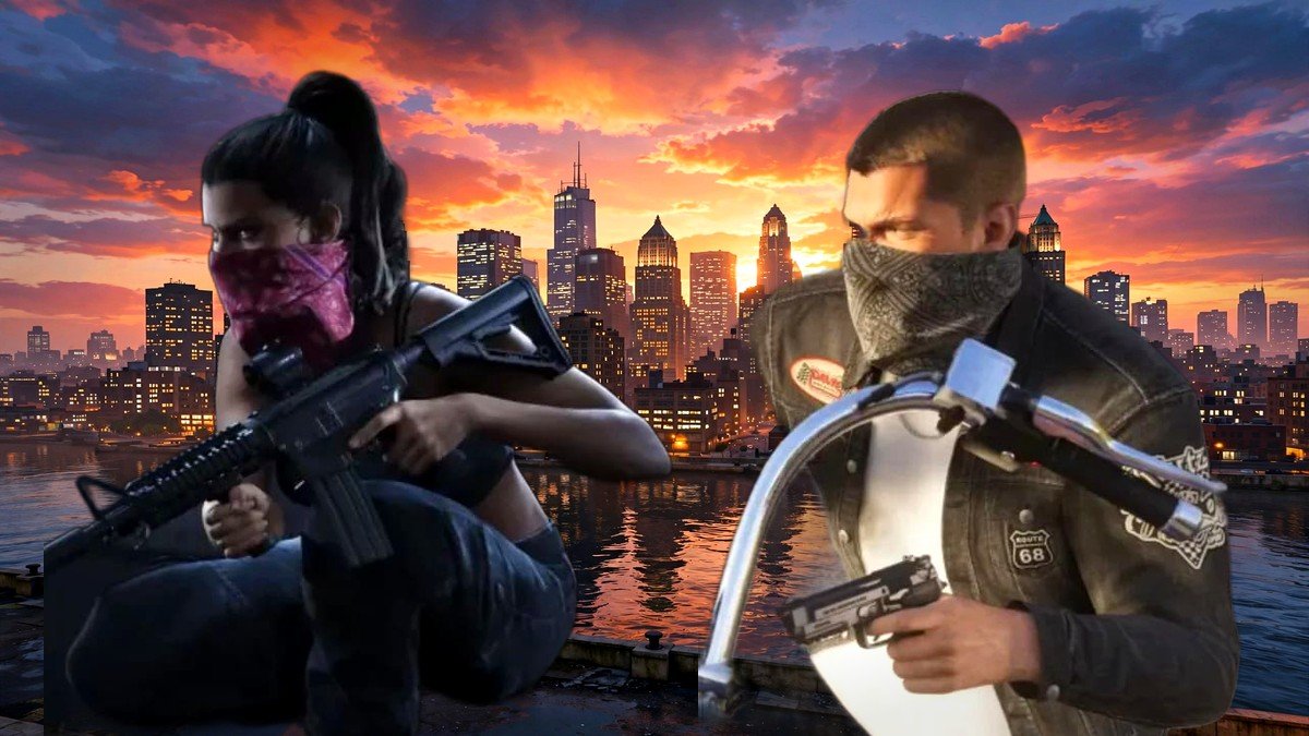 Lucia and Jason, masked and armed, against a Liberty City sunset skyline