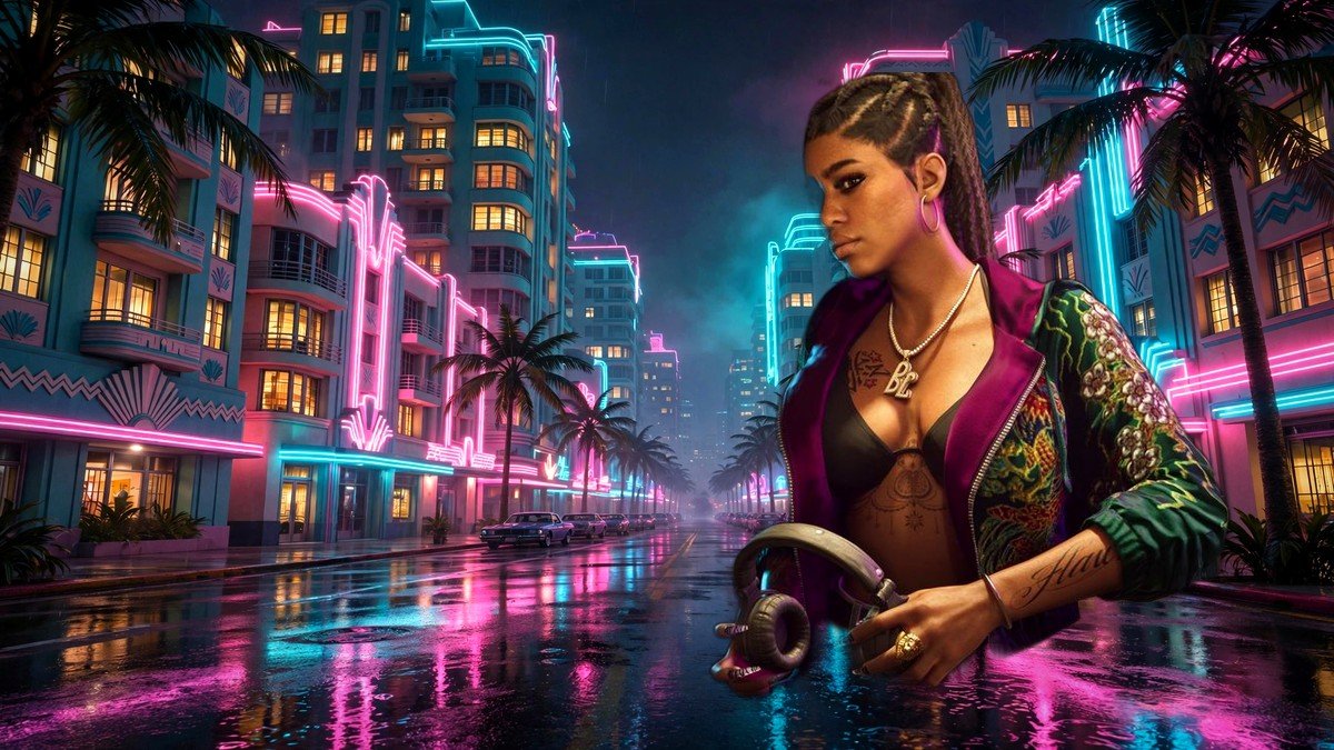 Real Dimez with headphones on a neon Vice City street at night