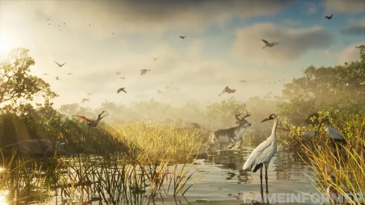 New GTA 6 screenshot: a Grassrivers wetland at sunrise packed with wildlife