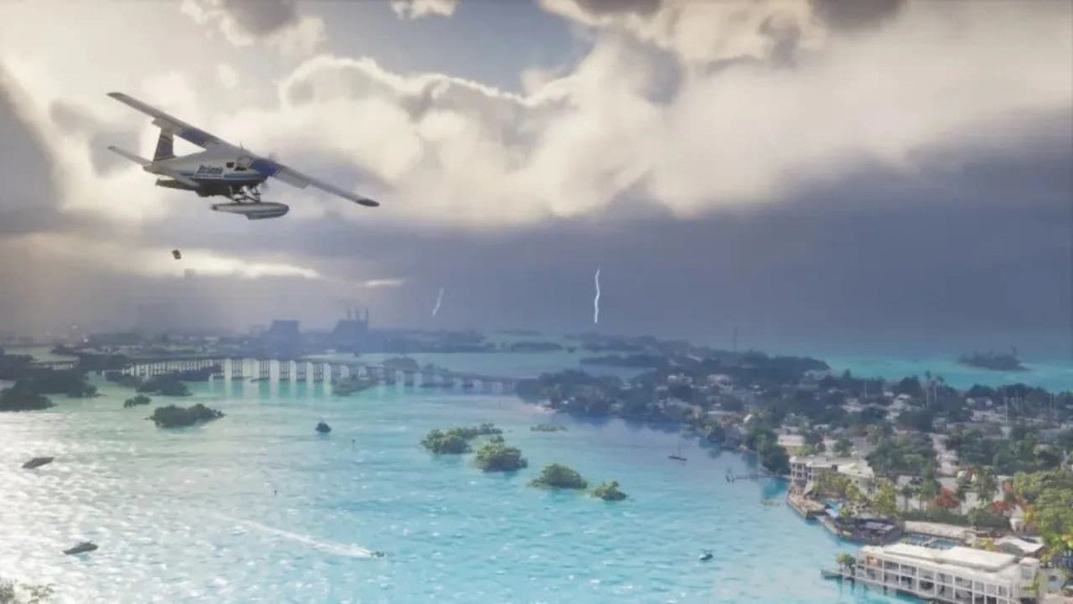 New GTA 6 screenshot: a seaplane over the Leonida Keys as a hurricane storm front builds on the horizon