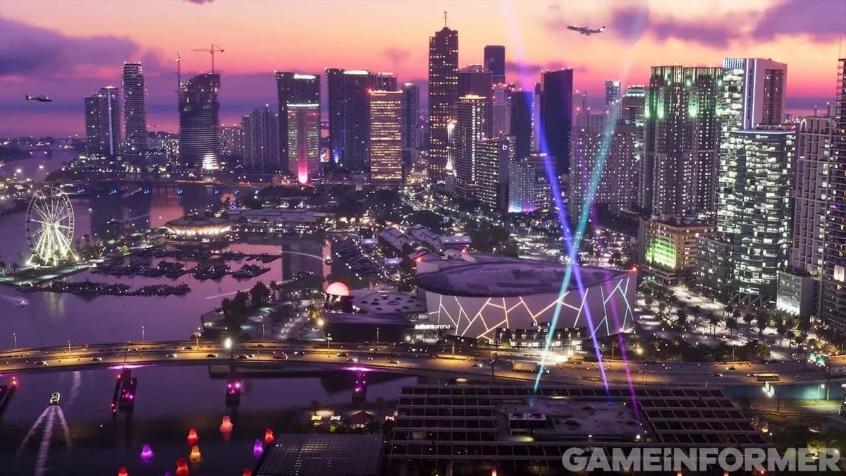 New GTA 6 screenshot: downtown Vice City at dusk with the Sahara Arena