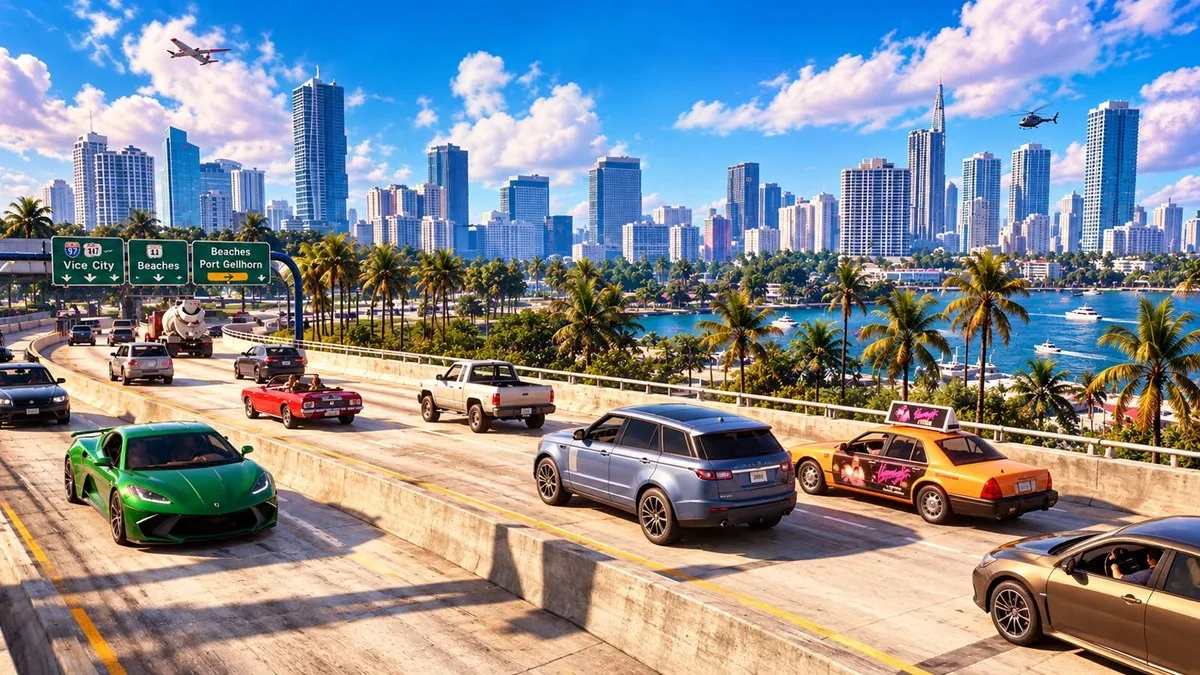 Cars driving on a Vice City highway with the Leonida skyline
